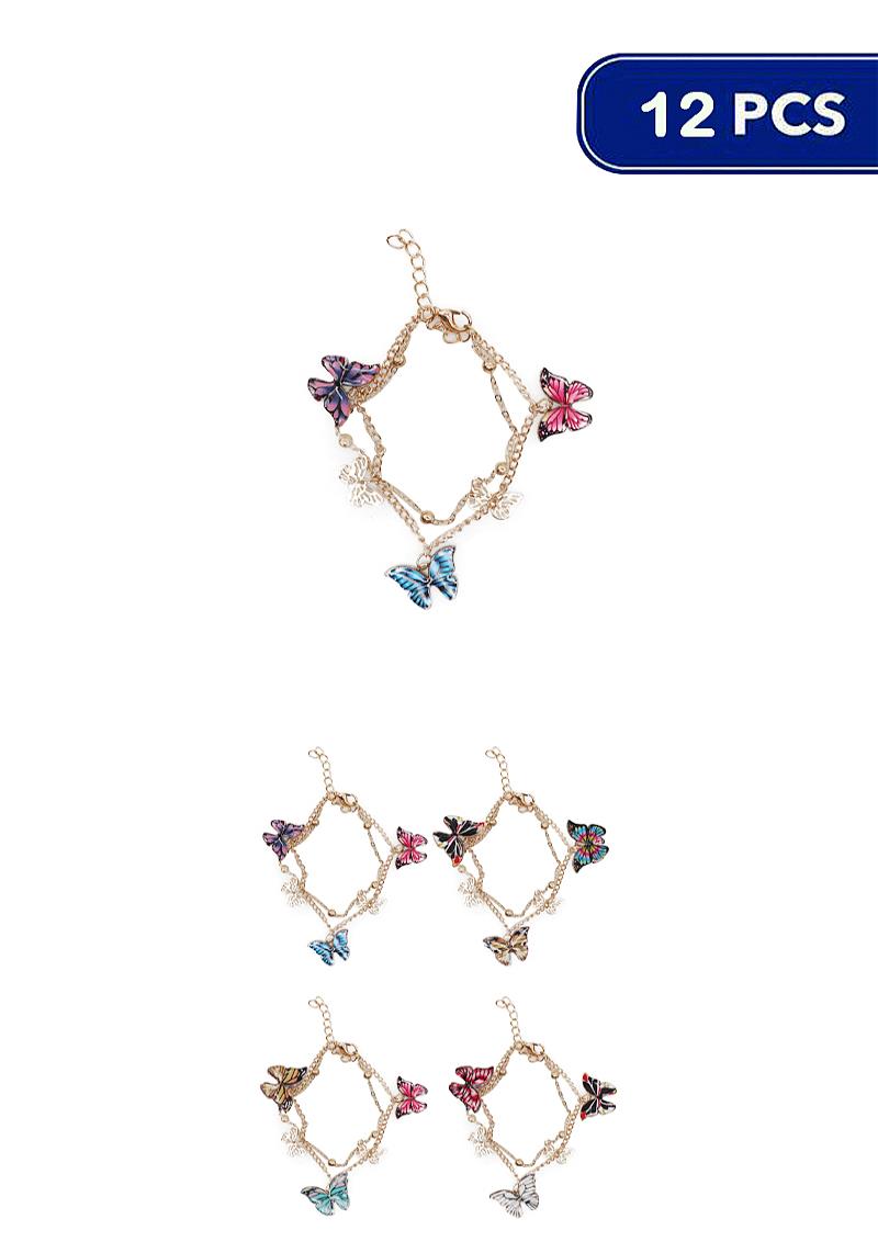 COLOR MIX METAL BUTTERFLY CHAIN LINK BRACELET (12 UNITS)