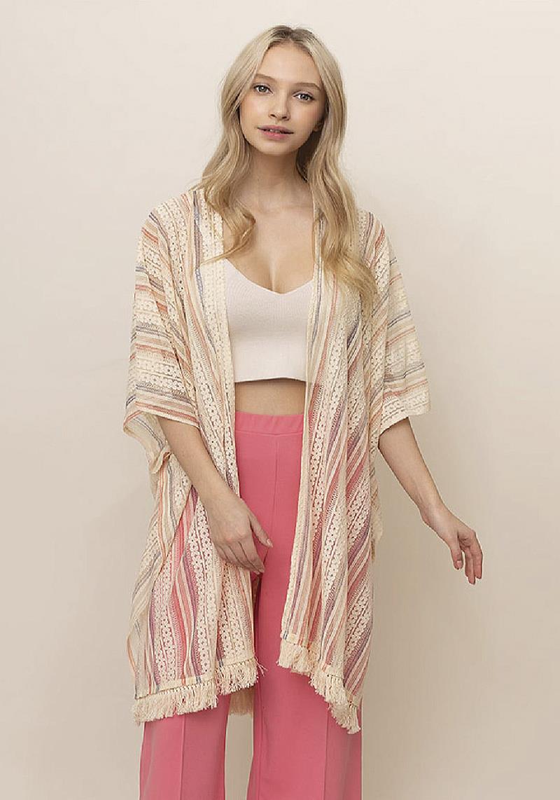 FLORAL STRIPE LACE KIMONO