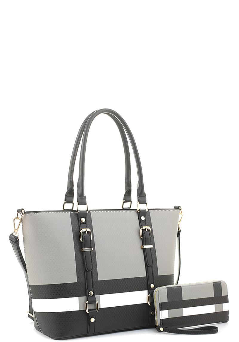 2IN1 PLAID DESIGN TOTE BAG WITH MATCHING WALLET SET