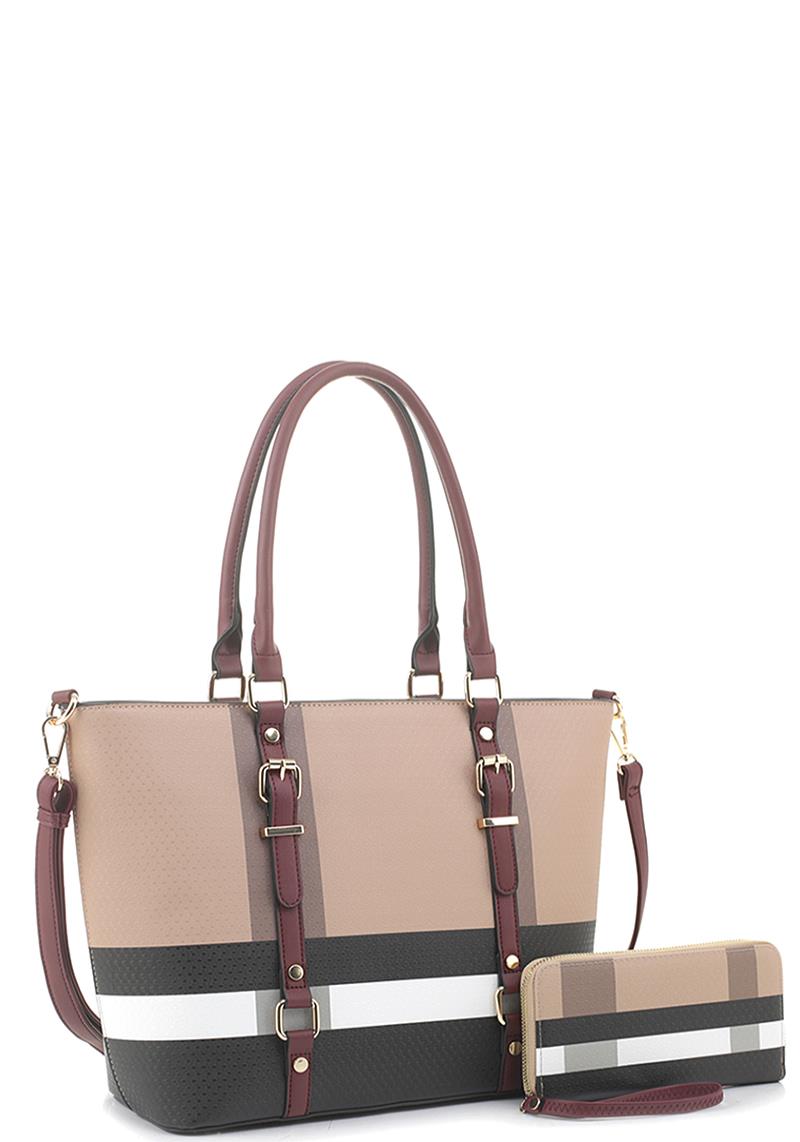 2IN1 PLAID DESIGN TOTE BAG WITH MATCHING WALLET SET