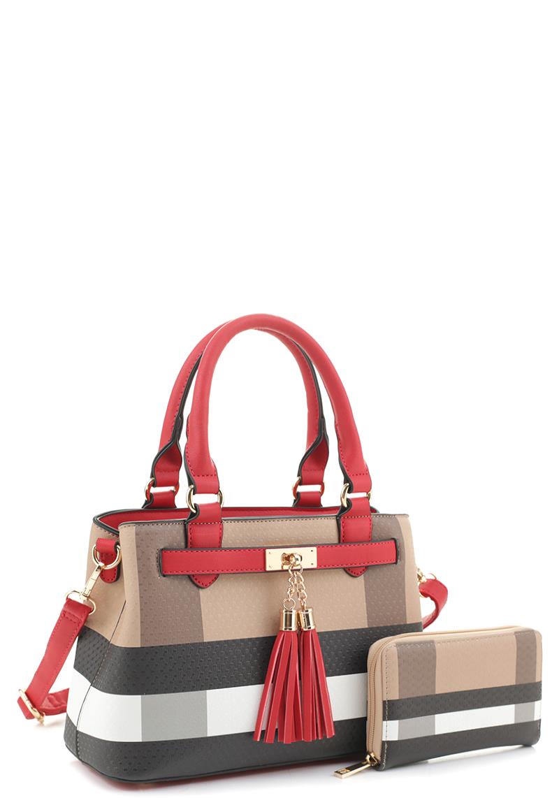 2IN1 PLAID PRINT SMOOTH TASSEL TOTE BAG WITH MATCHING WALLET SET