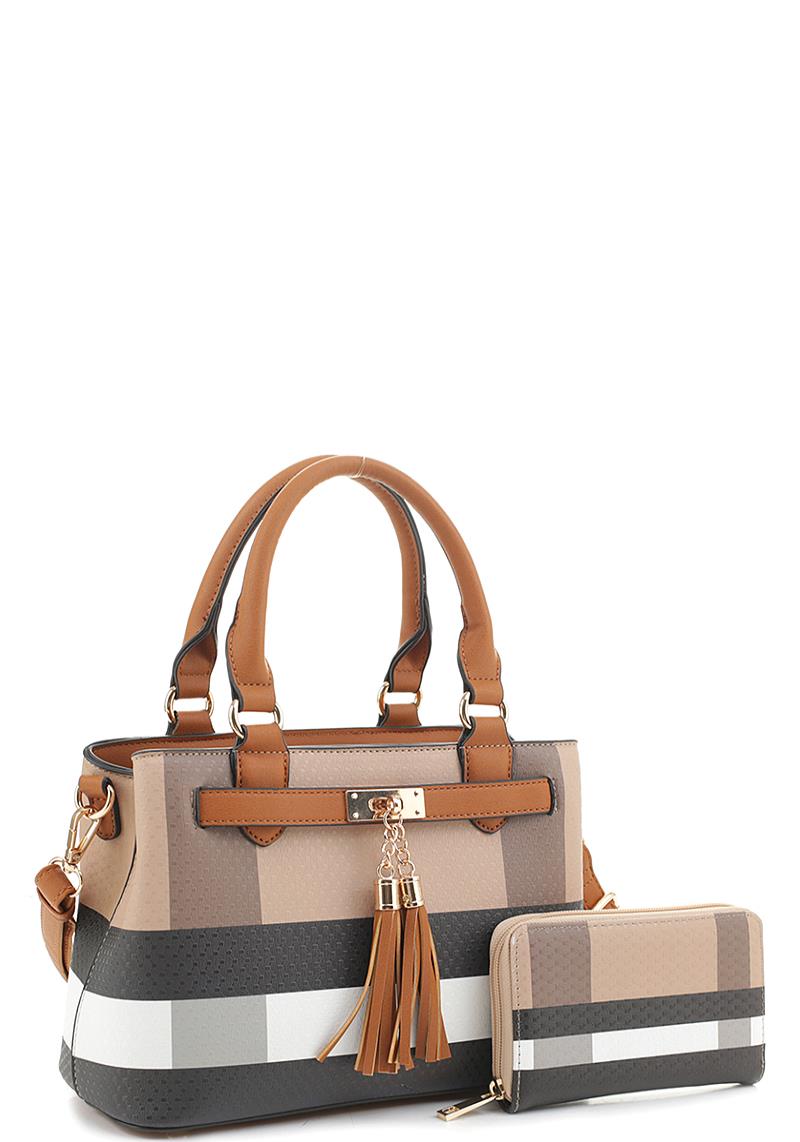 2IN1 PLAID PRINT SMOOTH TASSEL TOTE BAG WITH MATCHING WALLET SET