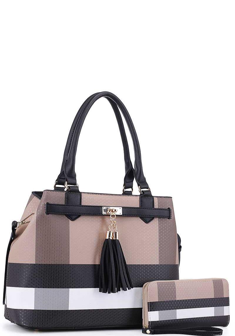2IN1 MODERN CHECK AND TASSEL ACCENT SATCHEL WITH MATCHING WALLET