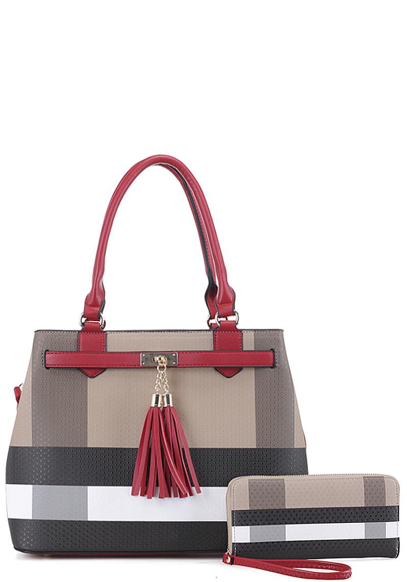 2IN1 MODERN CHECK AND TASSEL ACCENT SATCHEL WITH MATCHING WALLET