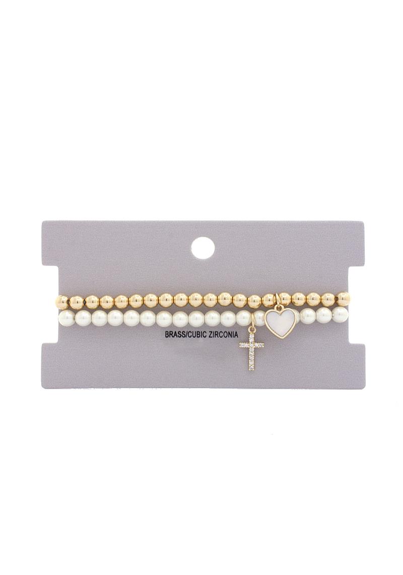 HEART CHARM RHINESTONE CROSS BEADED STRETCH BRACELET