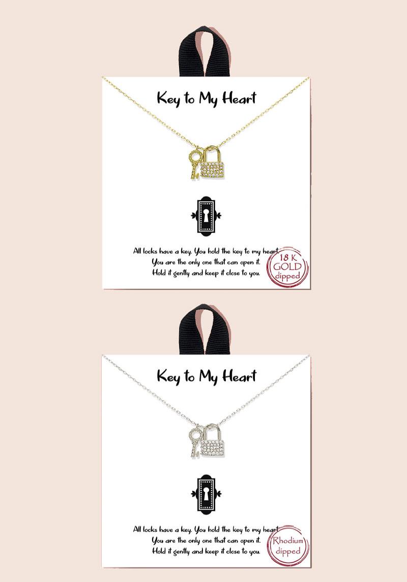 18K GOLD RHODIUM DIPPED KEY TO MY HEART PENDANT MESSAGE NECKLACE