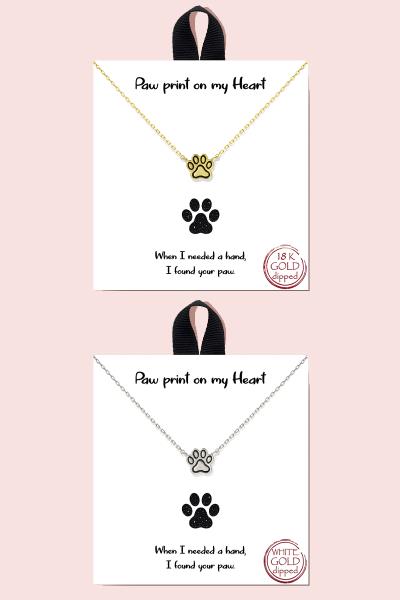 PAW PRINT ON MY HEART NECKLACE 18K GOLD RHODIUM DIPPED
