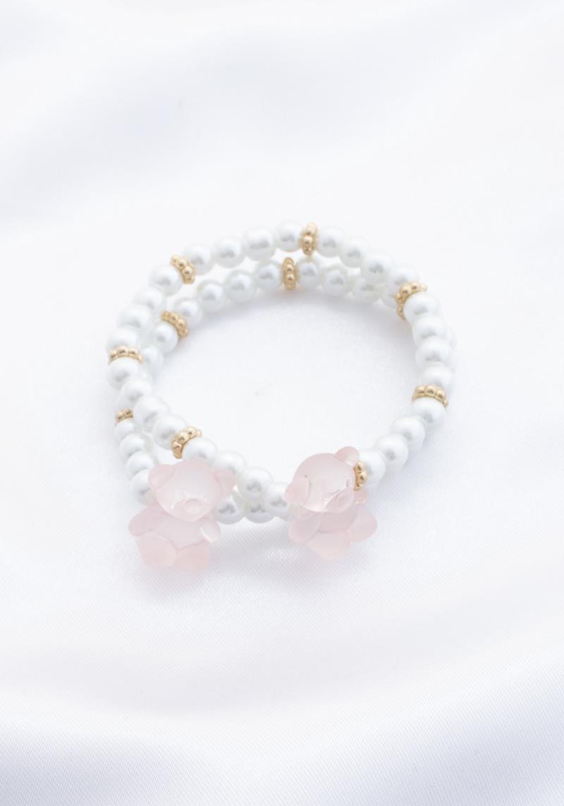 DOUBLE TEDDY BEAR CHARM PEARL BEAD BRACELET