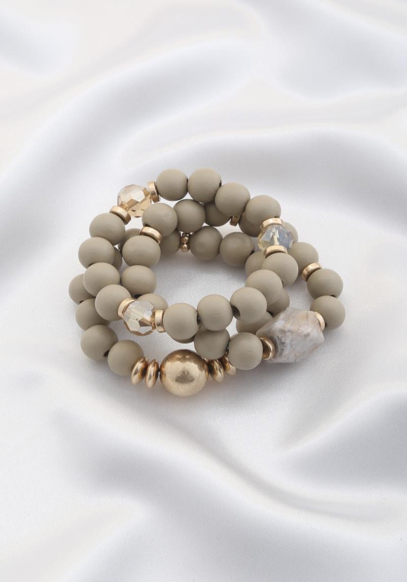 WOOD BALL BEAD NATURAL STONE STRETCH BRACELET SET