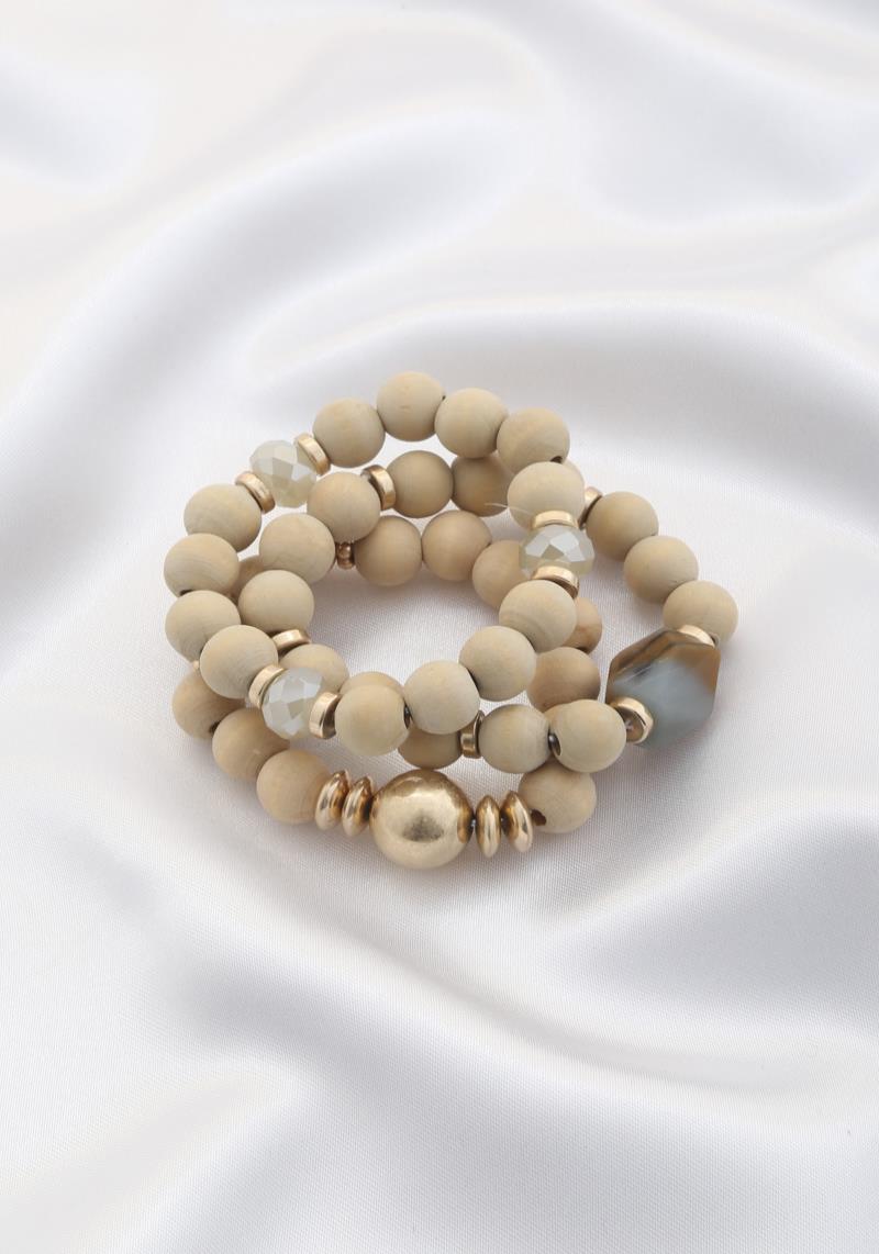 WOOD BALL BEAD NATURAL STONE STRETCH BRACELET SET