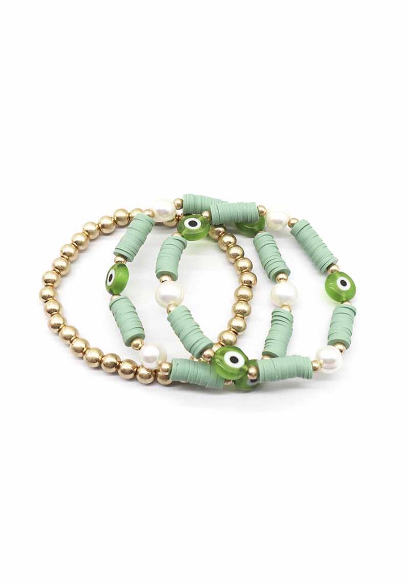 METAL BALL RUBBER DISC EVIL EYE BEAD STRETCH BRACELET