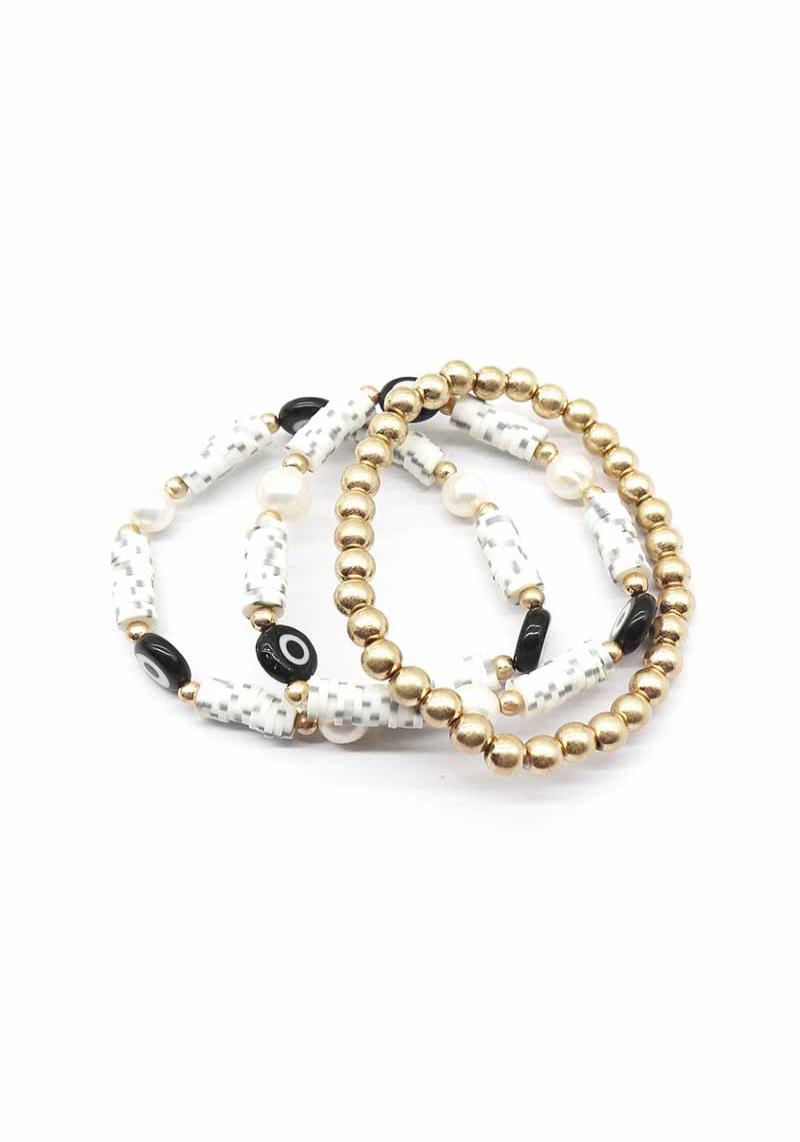 METAL BALL RUBBER DISC EVIL EYE BEAD STRETCH BRACELET