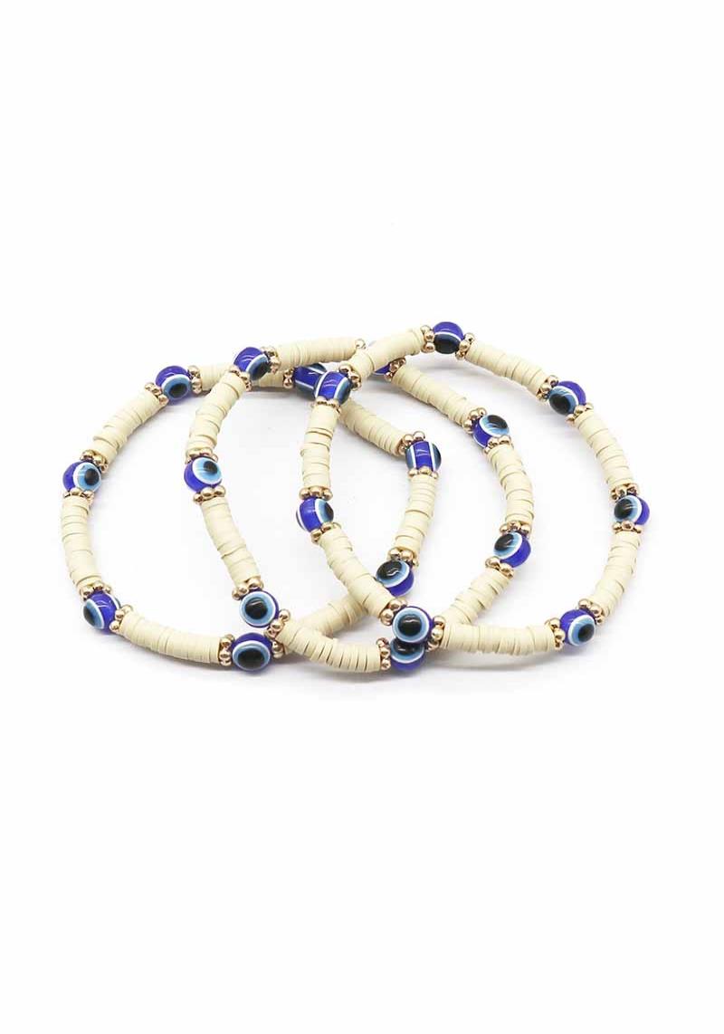 RUBBER DISC EVIL EYE BEAD STRETCH BRACELET 3 PC SET