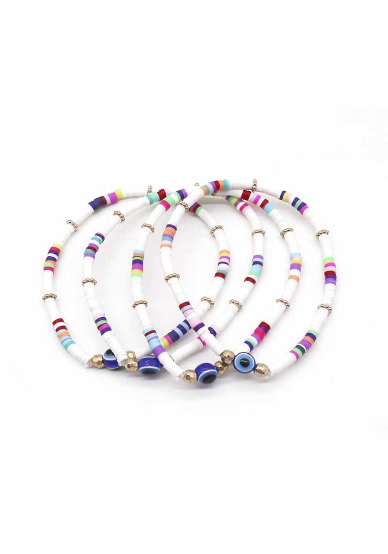 RUBBER DISC BEAD EVIL EYE STRETCH BRACELET SET