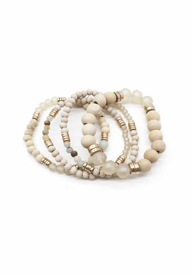 WOOD NATURAL STONE BEAD STRETCH MULTI BRACELET