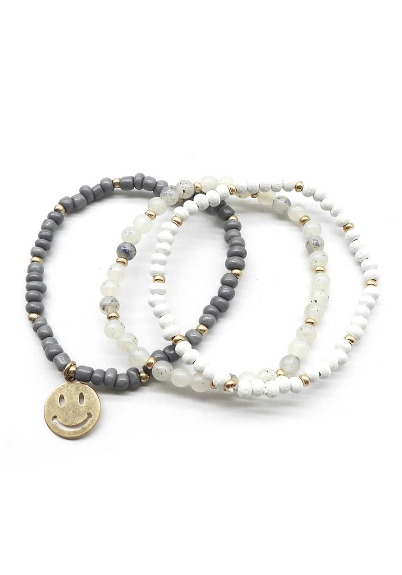 FASHION NATURAL STONE BEAD SMILE CHARM MULTI STRETCH BRACELET
