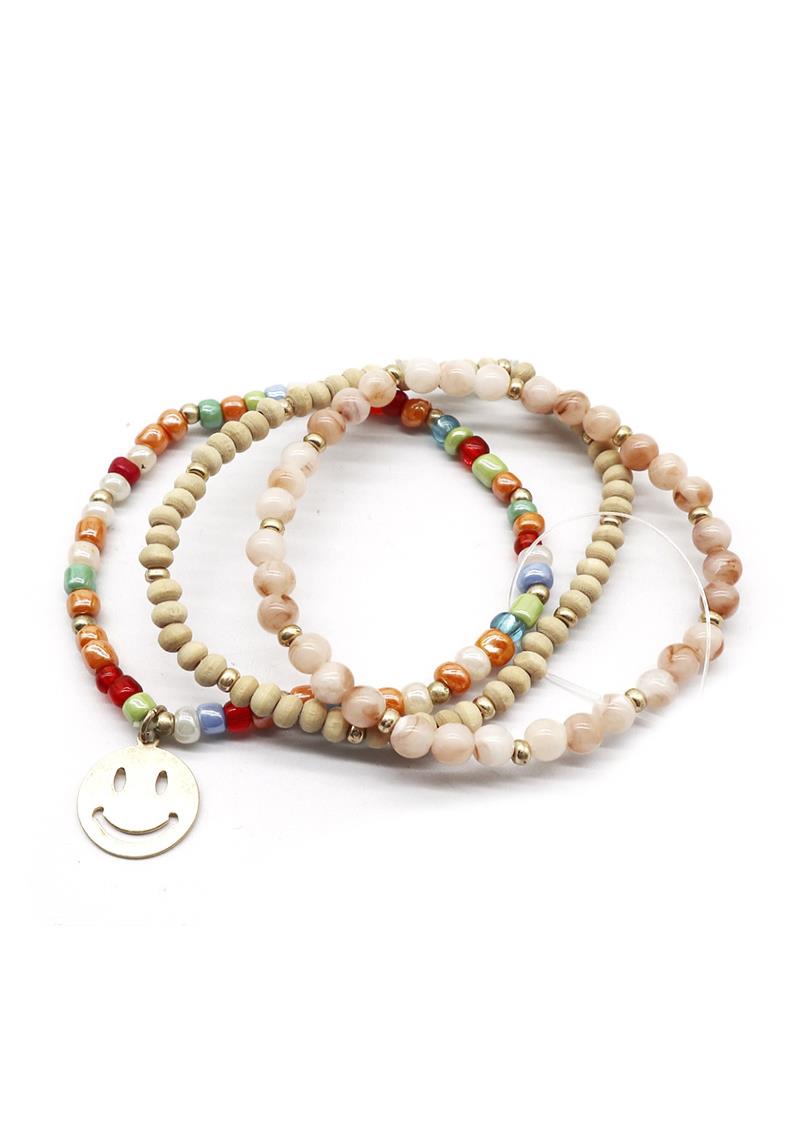 FASHION NATURAL STONE BEAD SMILE CHARM MULTI STRETCH BRACELET