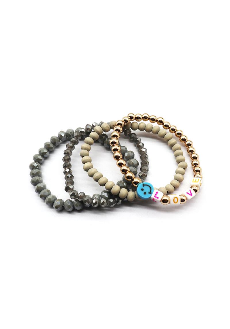 WOOD METAL GLASS BEAD SMILE LOVE STRETCH 4 PC BRACELET