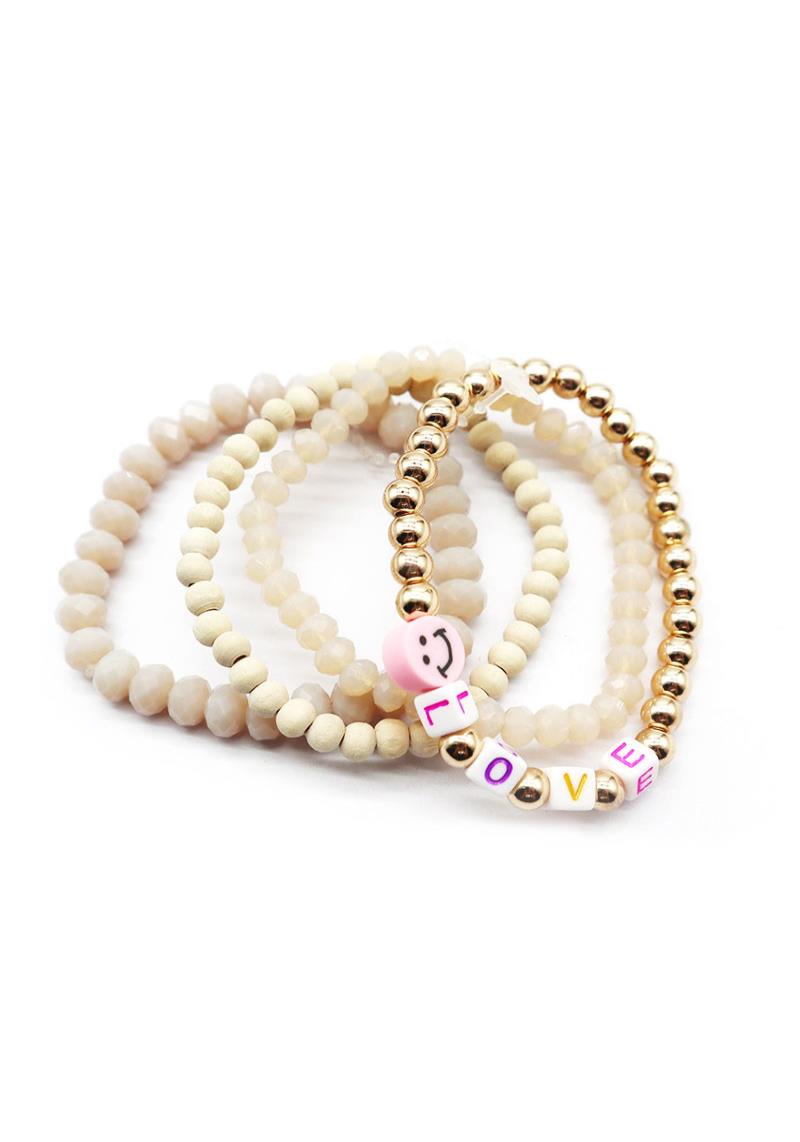 WOOD METAL GLASS BEAD SMILE LOVE STRETCH 4 PC BRACELET