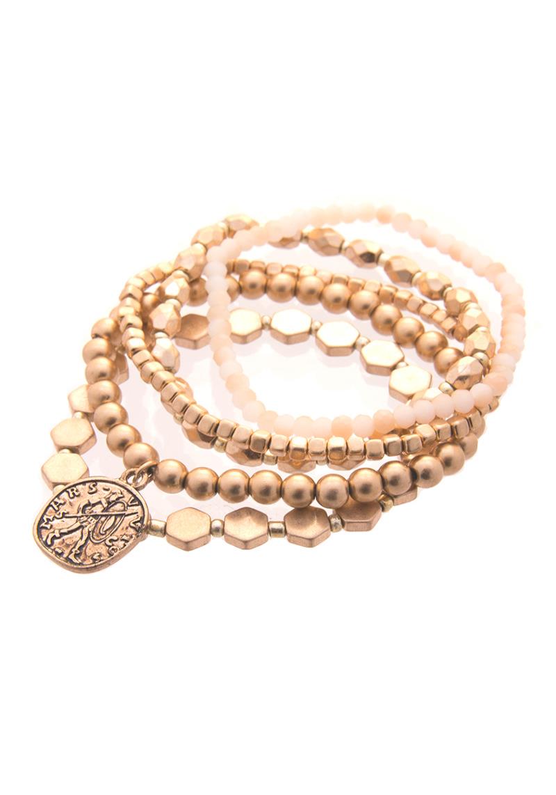 METAL BALL CHAIN ROUND CHARM STRETCH MULTI BRACELET