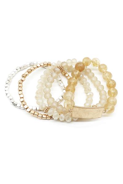 NATURAL STONE AND GLASS BEAD STRETCH 5 PC MULTI BRACELET