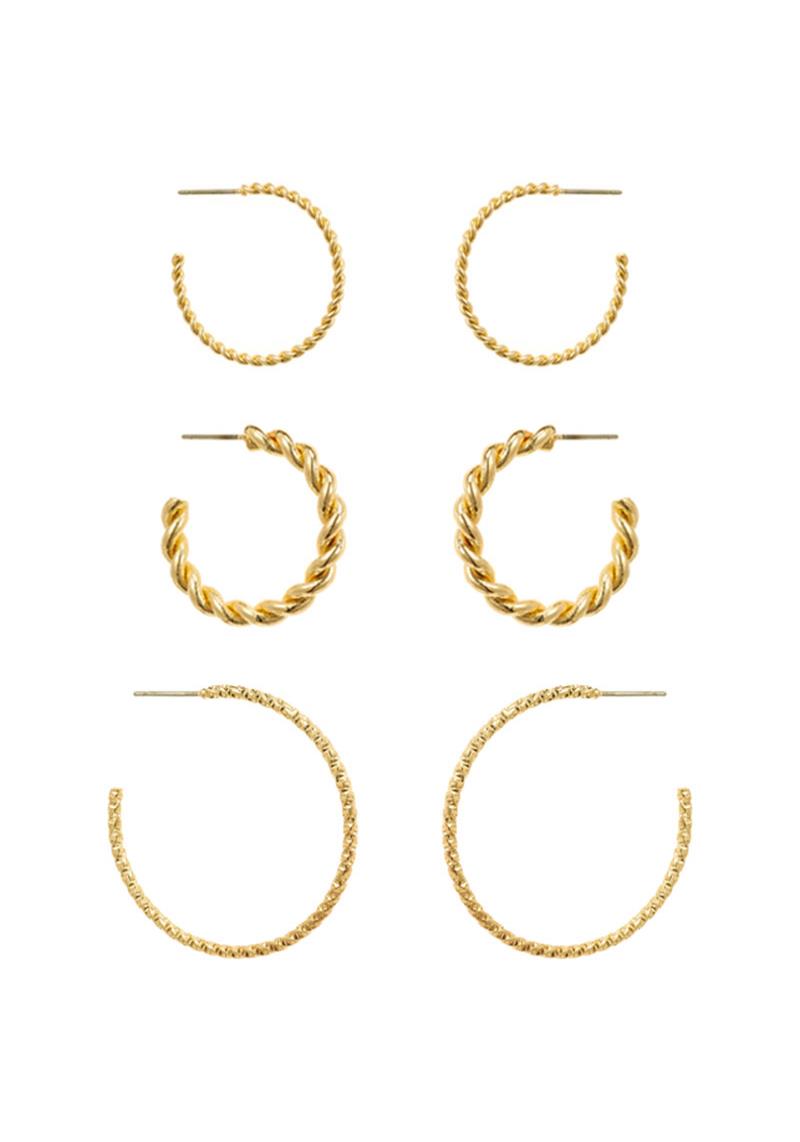 TWISTY METAL OPEN CUT CIRCLE EARRING 3 PC SET