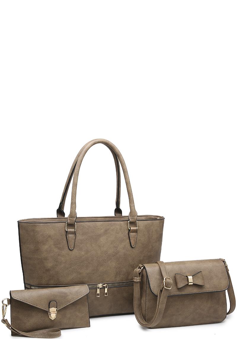 3IN1 FASHION ZIPPER TOTE BAG WITH RIBBON CROSSBODY AND CLUTCH SET