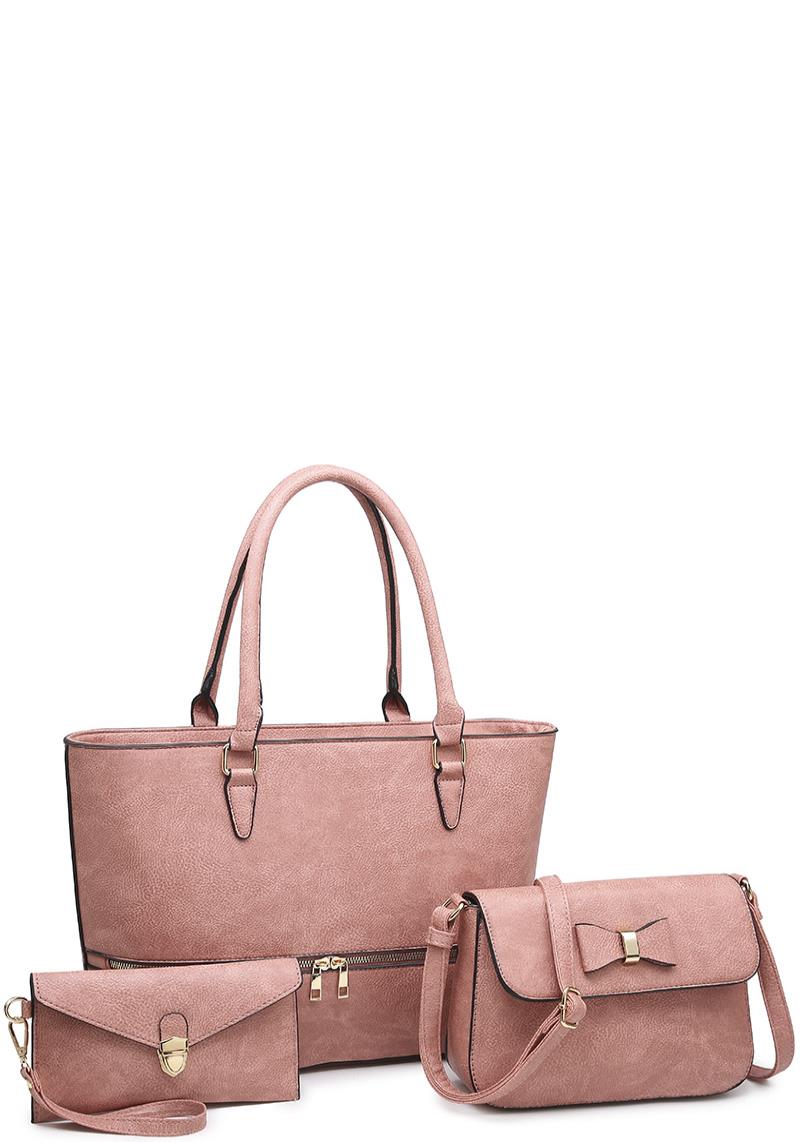 3IN1 FASHION ZIPPER TOTE BAG WITH RIBBON CROSSBODY AND CLUTCH SET