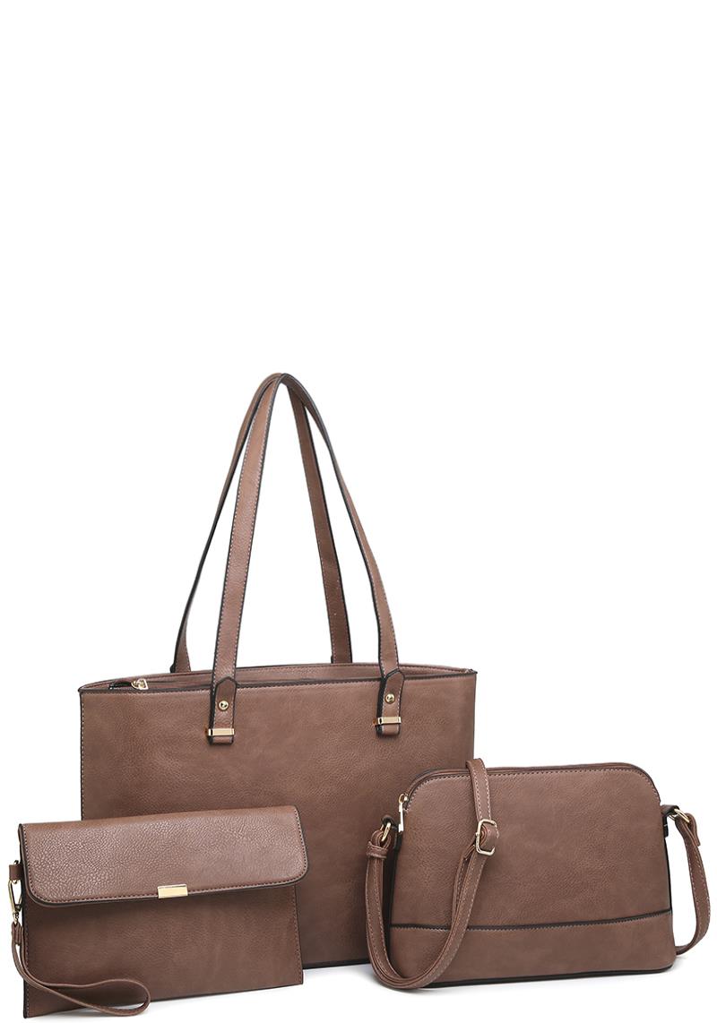 3IN1 TRENDY LEATHER PLAIN STYLE TOTE BAG WITH MINI BAG AND CLUTCH SET