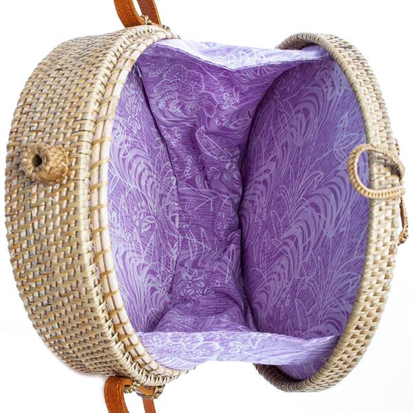 MODERN PRINT NATURAL WOVEN CIRCLE CROSSBODY BAG