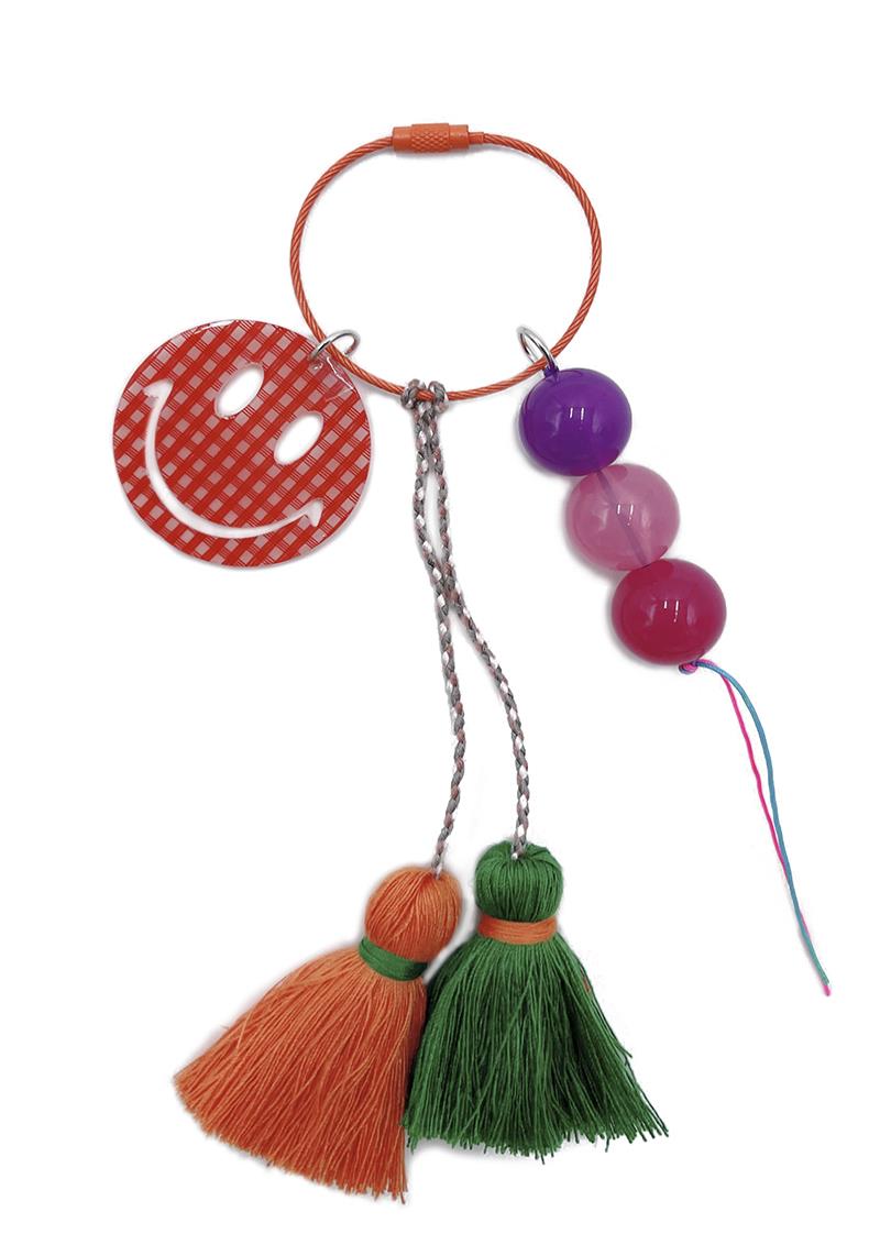 GINGHAM HAPPY FACE TASSEL KEYCHAIN
