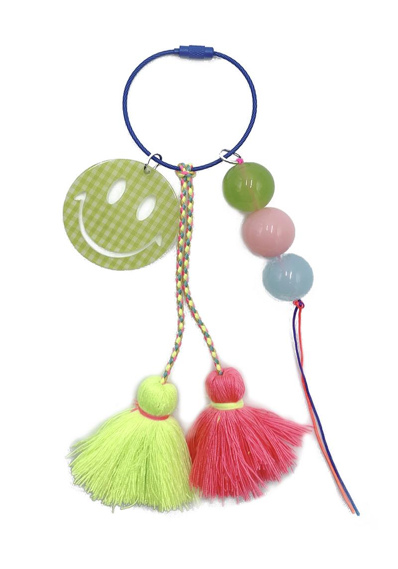 GINGHAM HAPPY FACE TASSEL KEYCHAIN