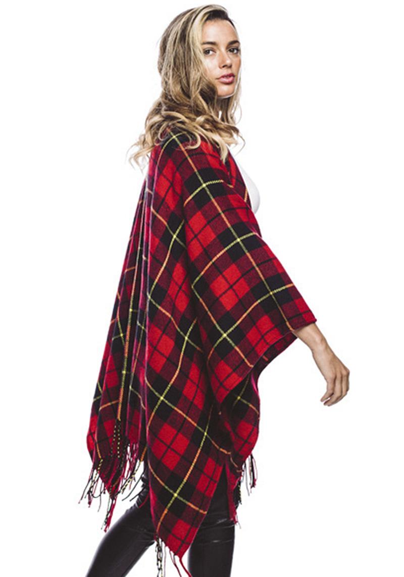 SOFT PLAID RUANA WITH FRINGES