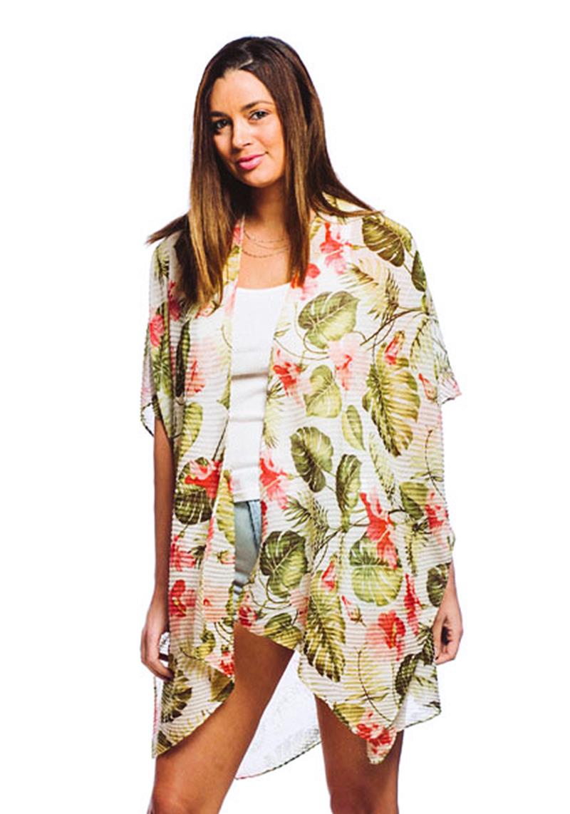 TROPICAL PRINT PLEATED KIMONO