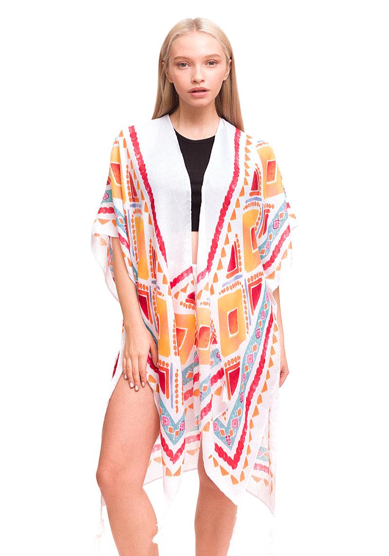 MULTI COLORED TRIBAL PRINT WITH TASSELS KIMONO