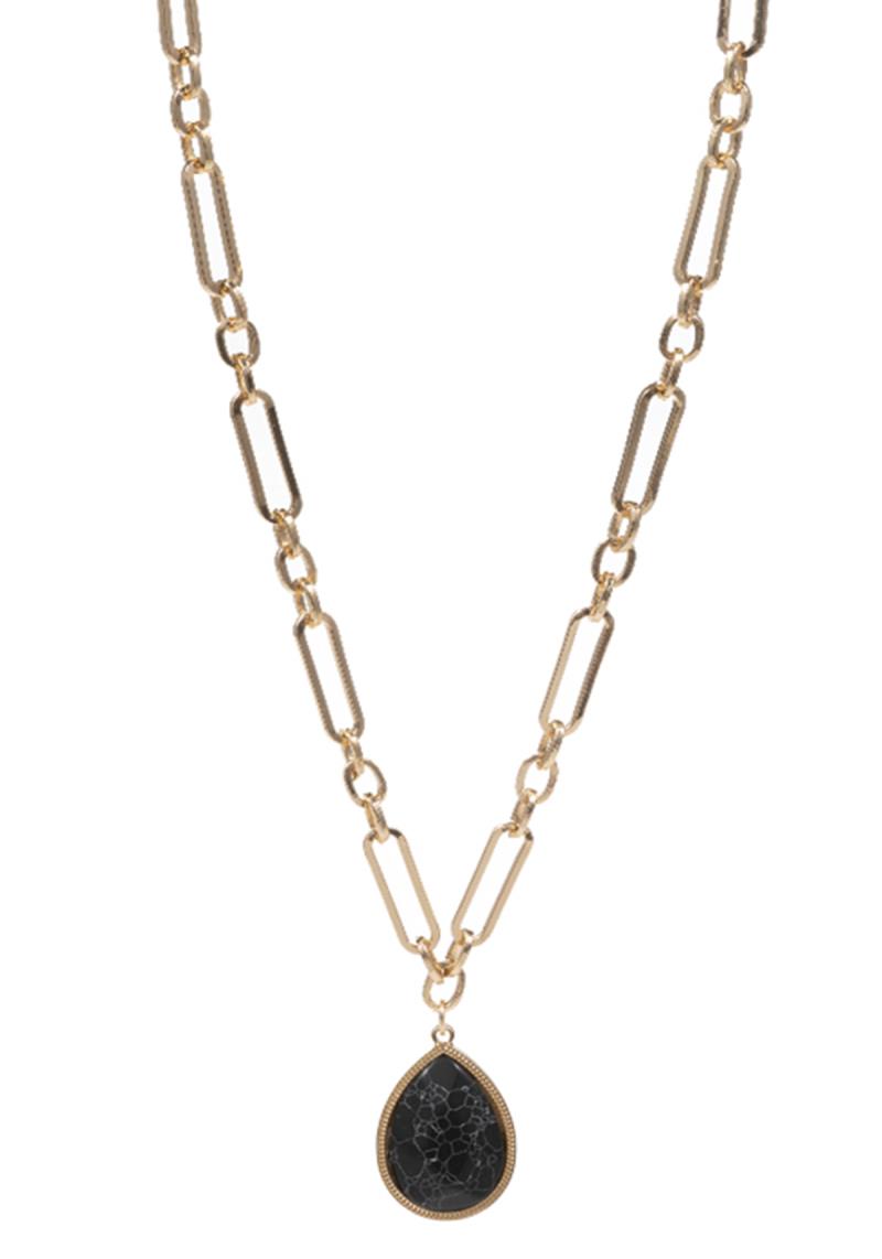 METAL OVAL CHAIN TQ STONE PENDANT LONG NECKLACE