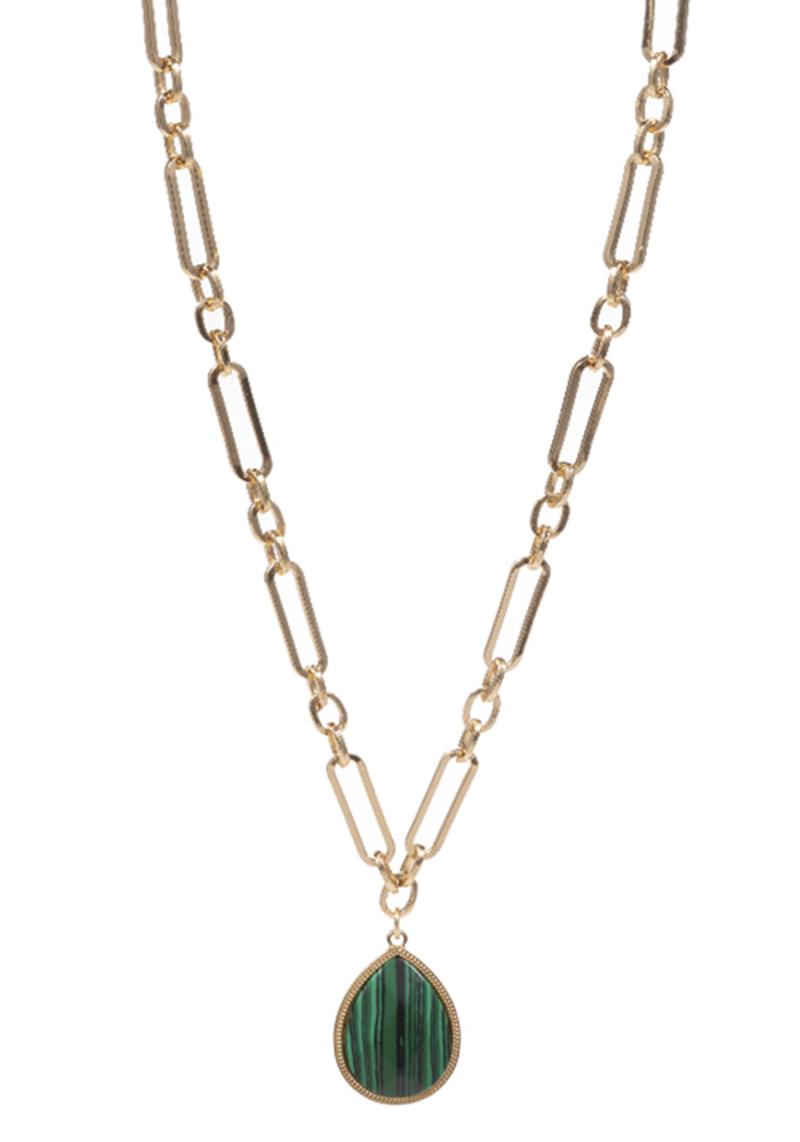 METAL OVAL CHAIN TQ STONE PENDANT LONG NECKLACE