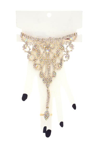 LEAF PATTERN RHINESTONE FINGER RING BRACELET