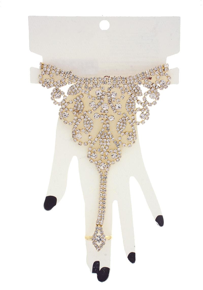 FILIGREE PATTERN RHINESTONE HAND RING BRACELET