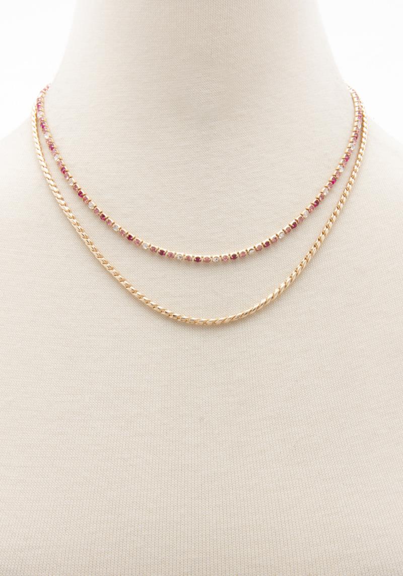 RHINESTONE METAL CHAIN 2 LAYERED NECKLACE