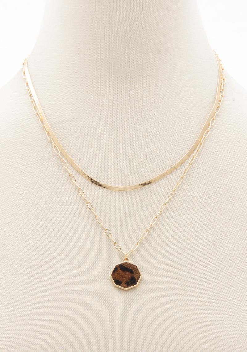 2 LAYERED METAL CHAIN LEOPARD PENDANT NECKLACE