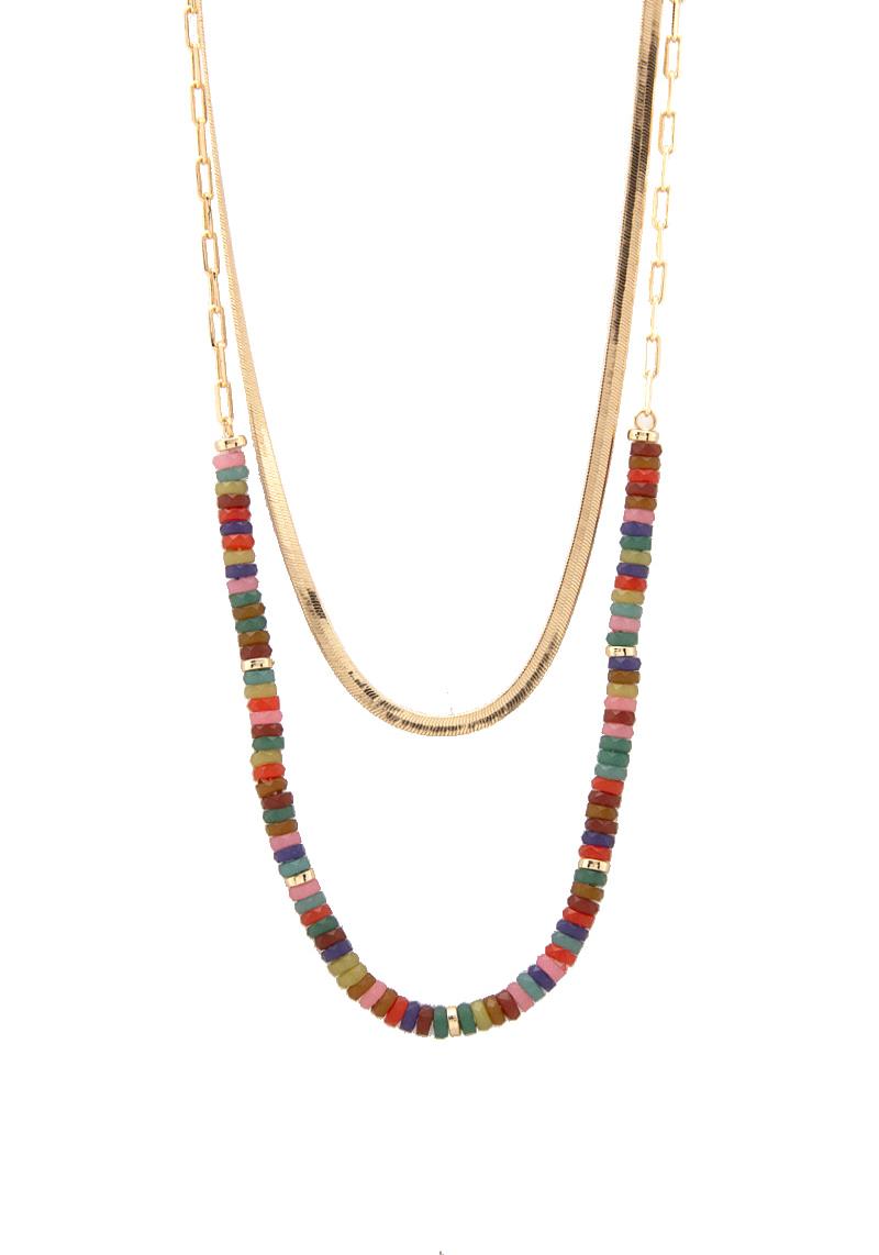 COLORFUL BEAD HERRINGBONE LINK LAYERED NECKLACE