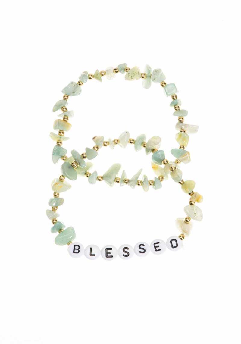 COLOR STONE BEAD BLESSED LETTER STRETCH BRACELET SET