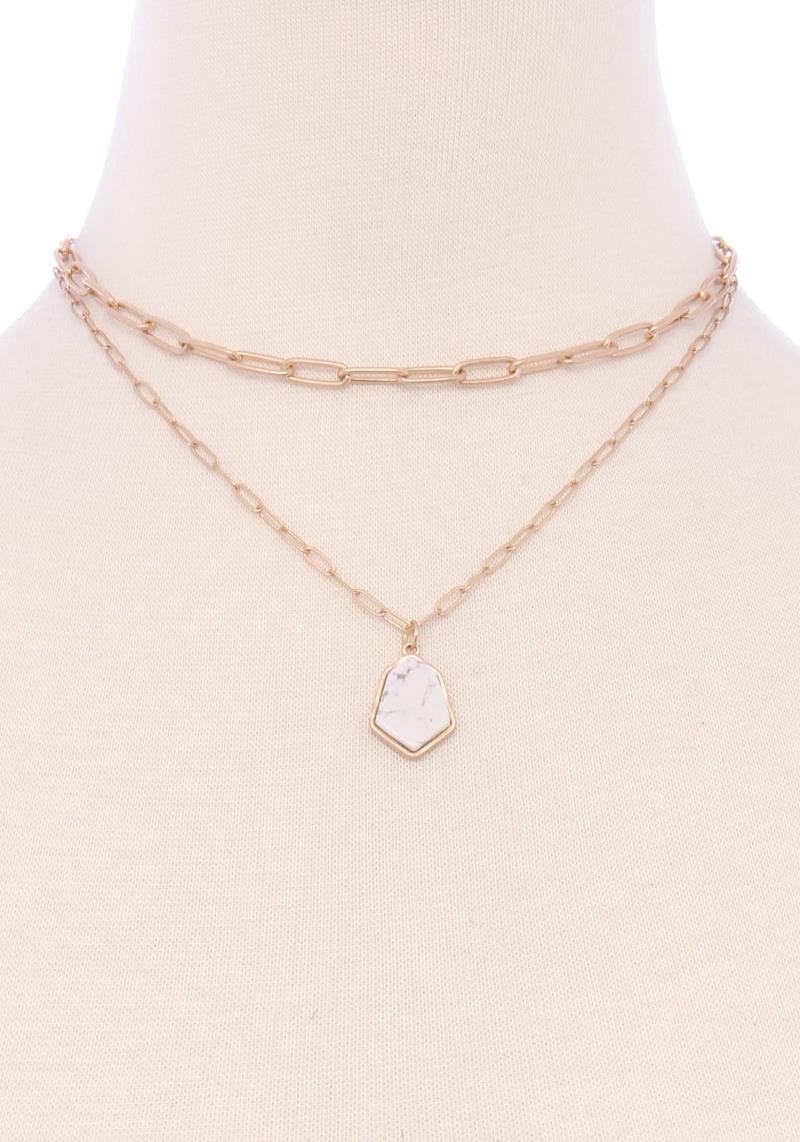 2 LAYERED METAL CHAIN MARBLING PENDANT NECKLACE