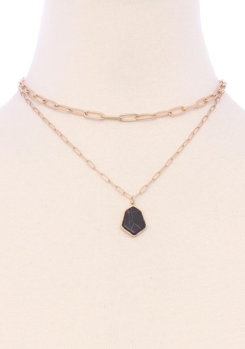 2 LAYERED METAL CHAIN MARBLING PENDANT NECKLACE