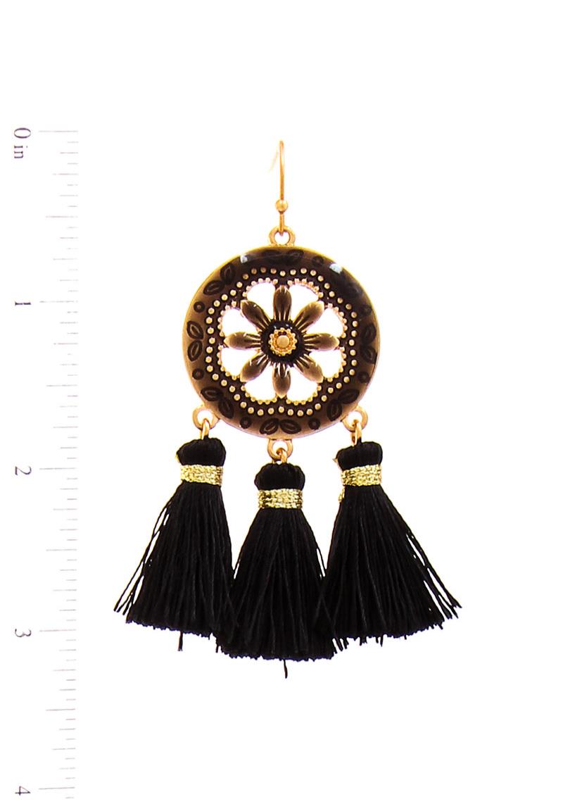 FLORAL CIRCLE DESIGN THREE PIECE LINKED TASSEL EARRING