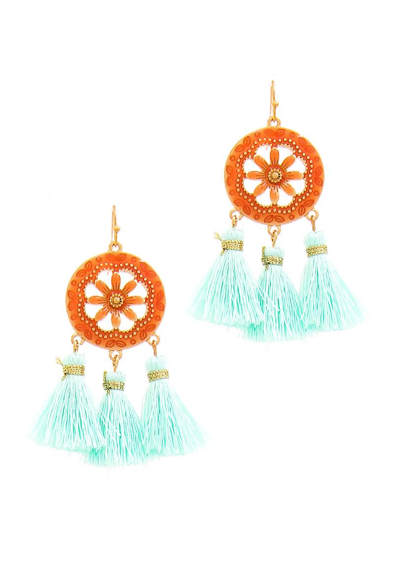 FLORAL CIRCLE DESIGN THREE PIECE LINKED TASSEL EARRING