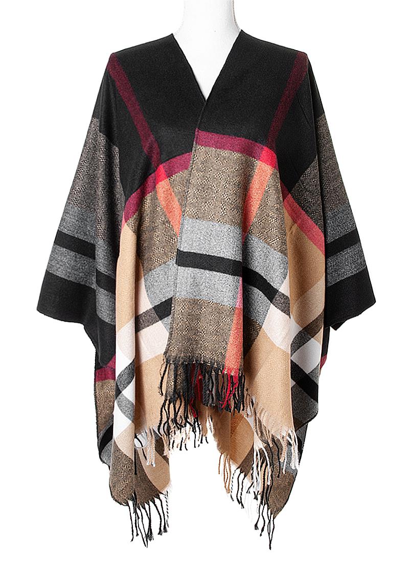 FASHION FLANNEL DESIGN FRINGE PONCHO