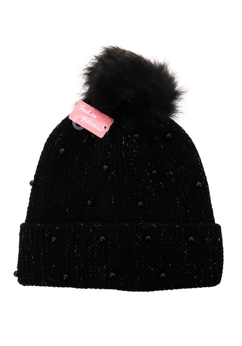 MULTI PEARL STUDDED MATELLIC KNIT POMPOM BEANIES
