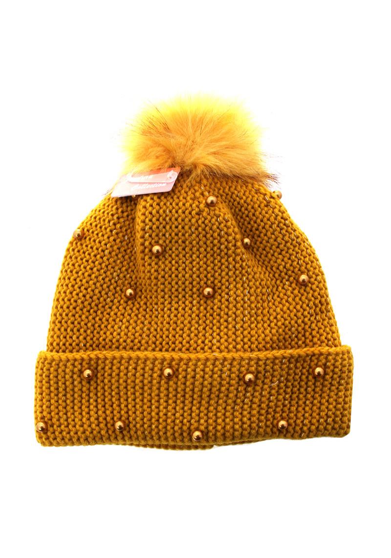 MULTI PEARL STUDDED MATELLIC KNIT POMPOM BEANIES